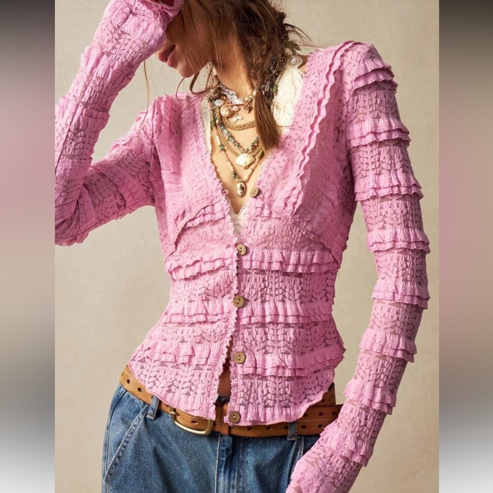 Pink Ruffled Button-Up Top